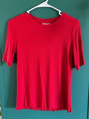 Red Women's Ribbed Short Sleeve Top Lettuce Sleeve